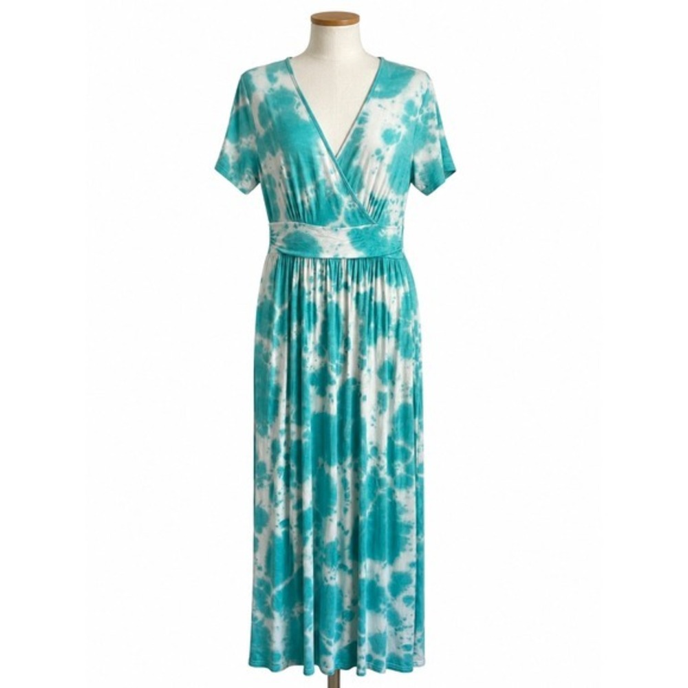 Lilbetter Women Teal White Tie Dye Faux‎ V-Neck Maxi Dress Short Sleeve L